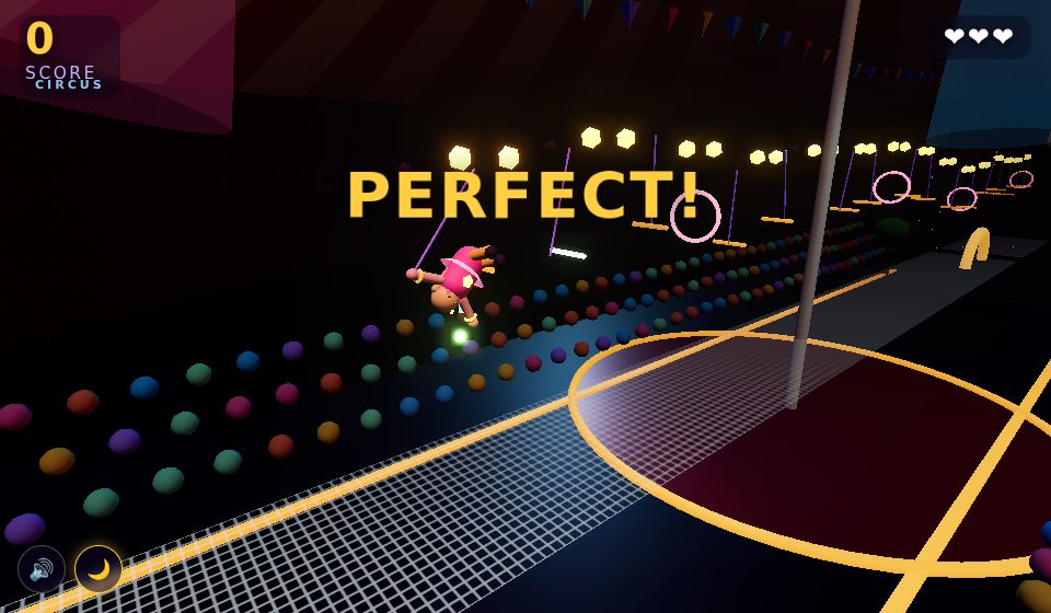 Hero flying between trapeze bars with a rainbow trail