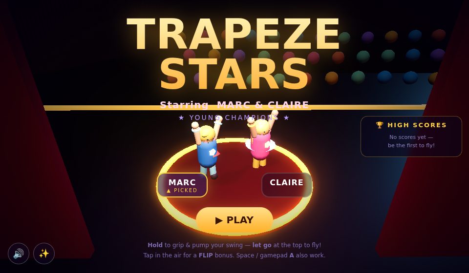 Piste de Trapeze Stars 3D avec Marc et Claire sous les projecteurs.