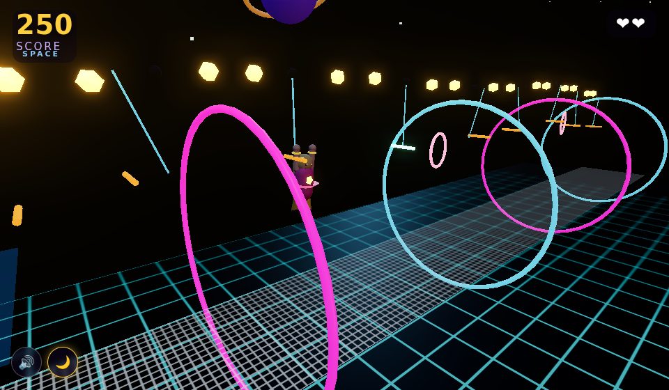 Neon space world with rings and a ringed planet